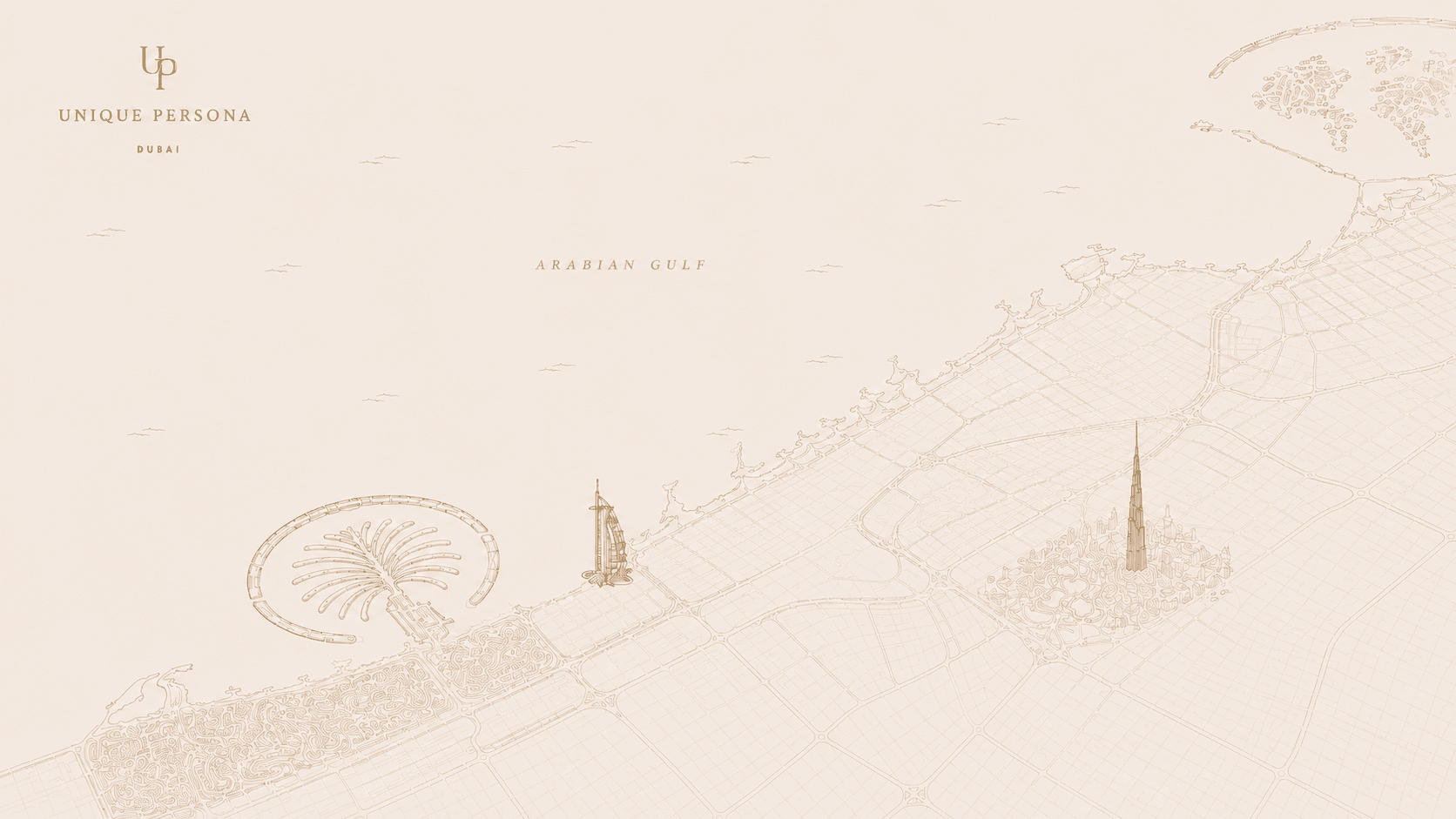 Illustrated map of Dubai with the three UNIQUE PERSONA salons