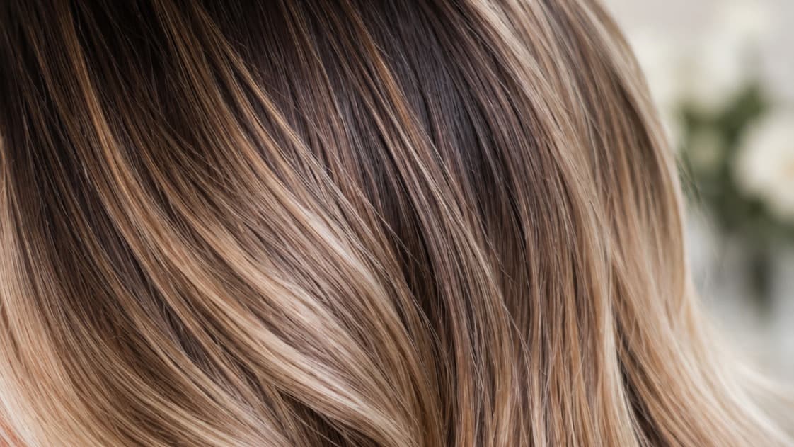 Close-up of long wavy balayage hair: deep brown roots melting into hand-painted blonde lengths, with no foil striping or hard regrowth line