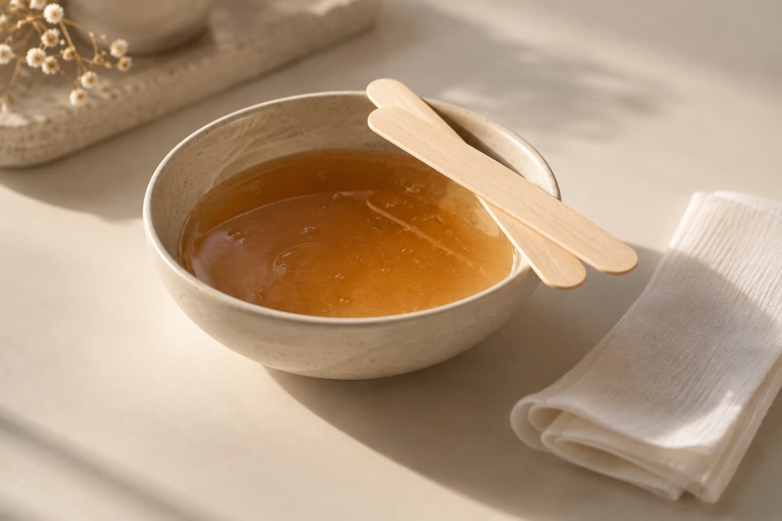 A ceramic bowl of amber wax with two wooden spatulas and a folded white cloth