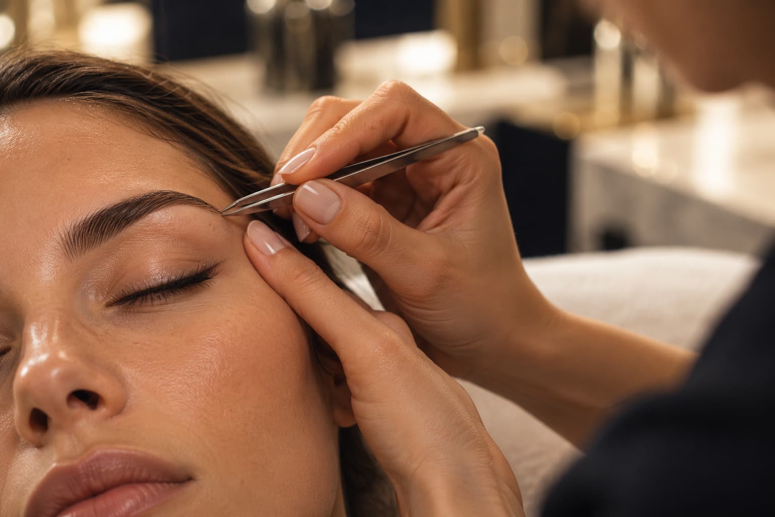 A brow being shaped with tweezers, the skin held taut beside the arch