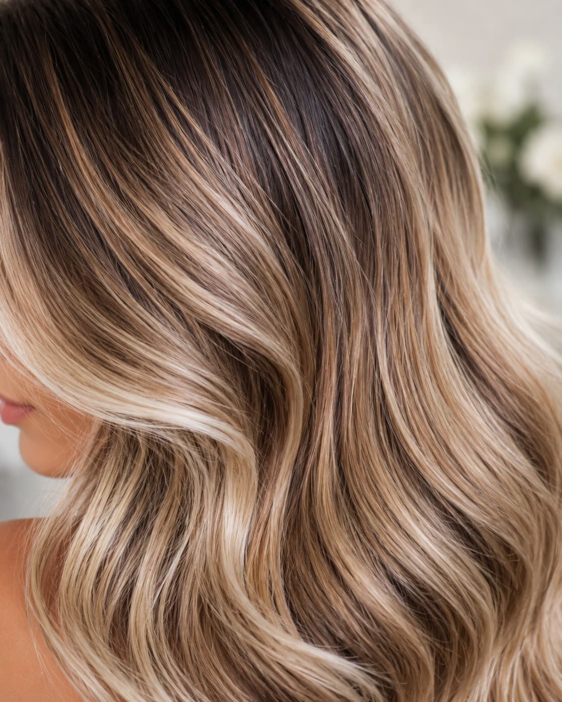Blonde balayage with soft blended roots on mid-length wavy hair