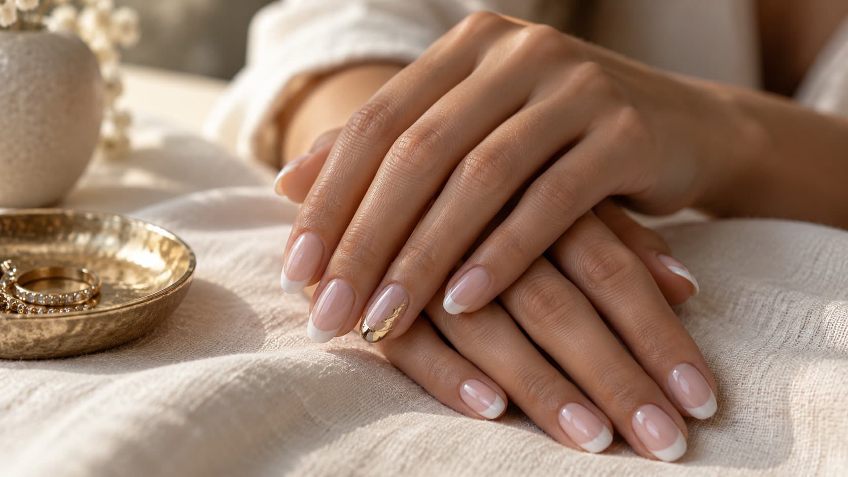 Close-up of two hands with milky French nail tips and a gold foil accent on one nail, beside a dish of gold rings