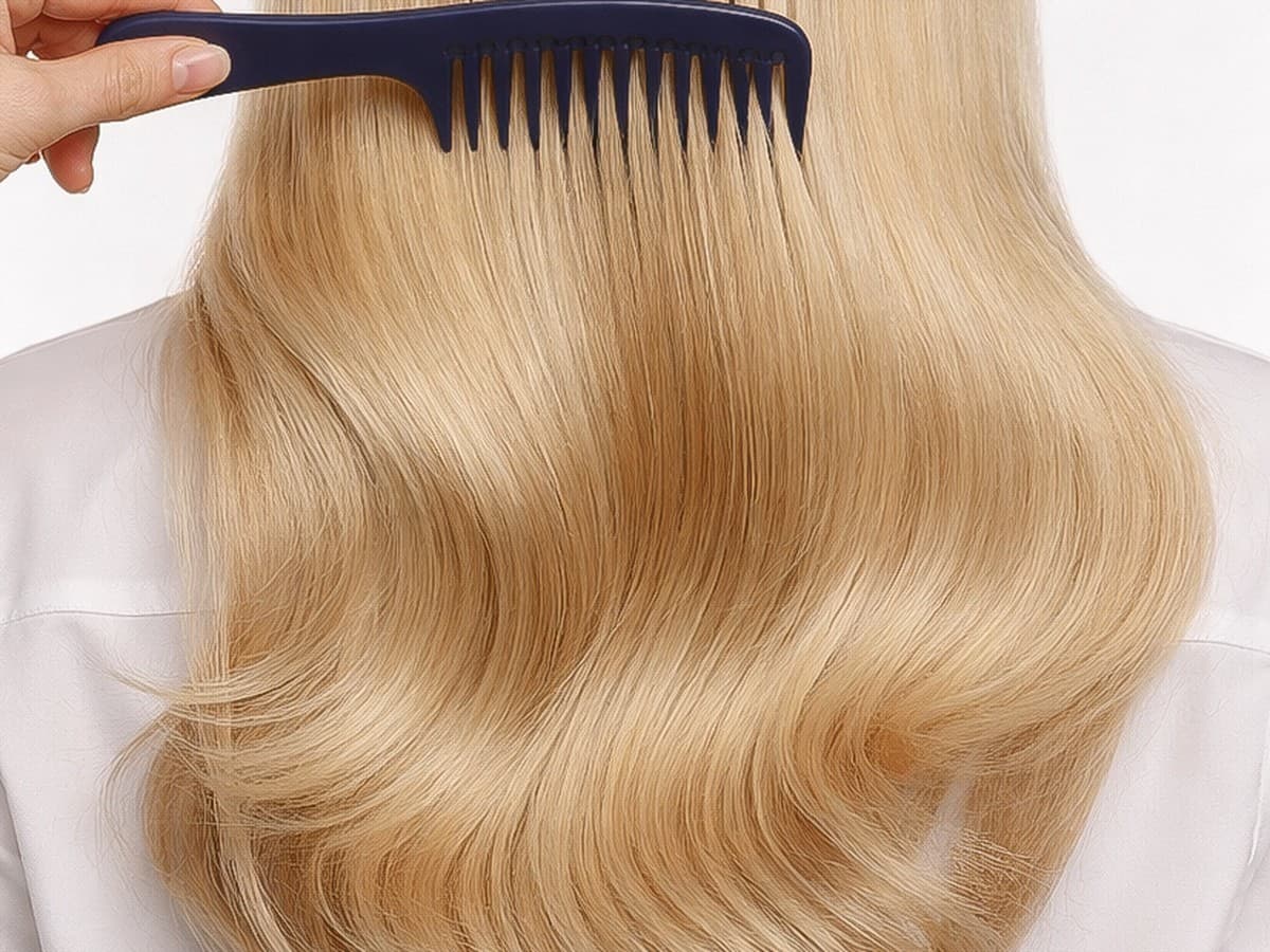 A dark blue wide-tooth comb drawn through long, wavy blonde hair, seen from behind