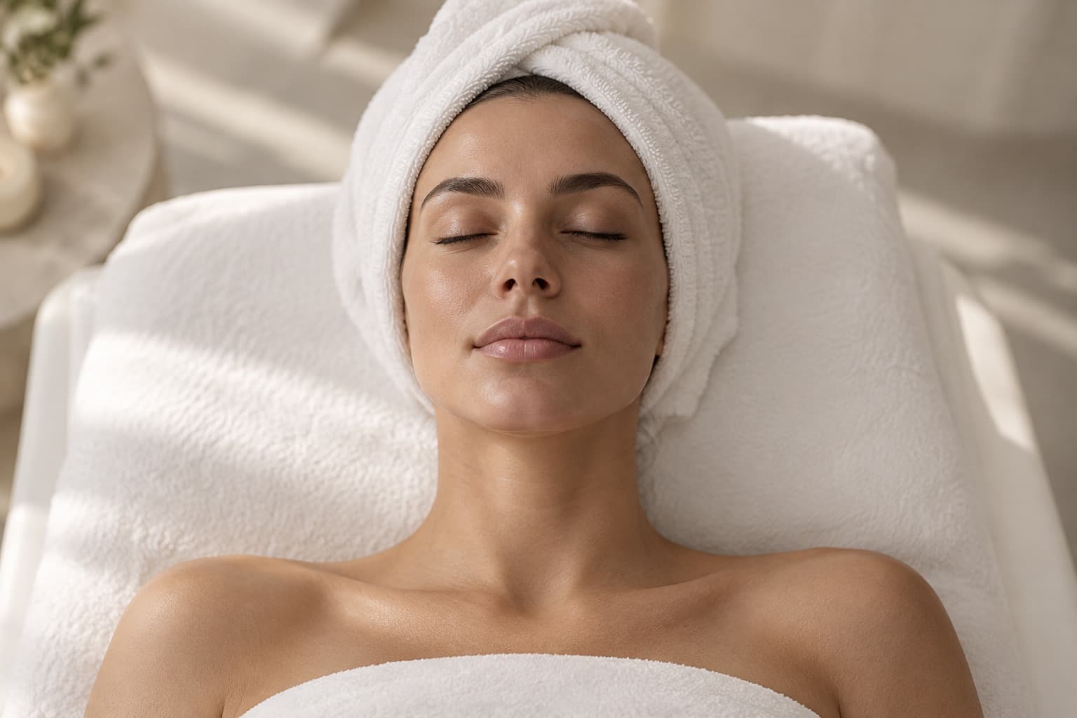 A woman's face, eyes closed, resting on a white treatment bed with her hair wrapped in a towel