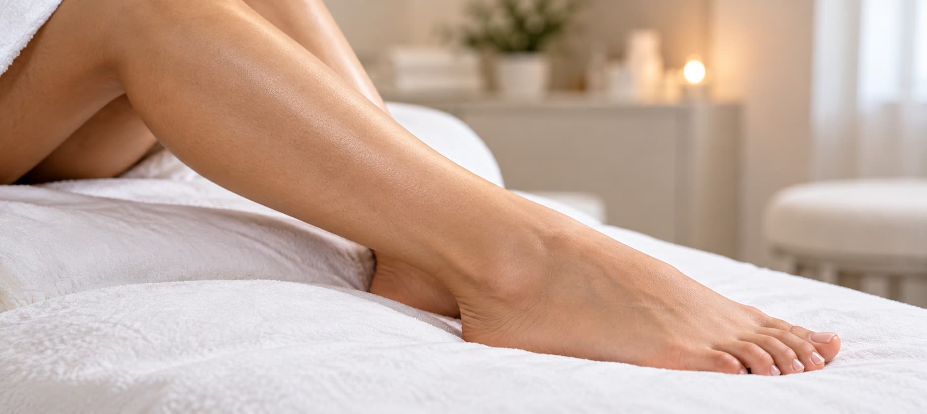 Bare legs resting on a white towel on a treatment bed, in a softly lit room