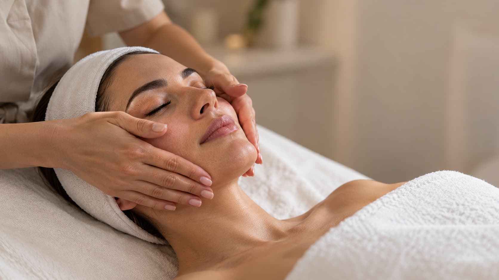 A specialist's hands resting on both sides of a woman's face during a face massage; she lies on a treatment couch with her eyes closed, hair wrapped in a white towel and a white towel over her shoulders